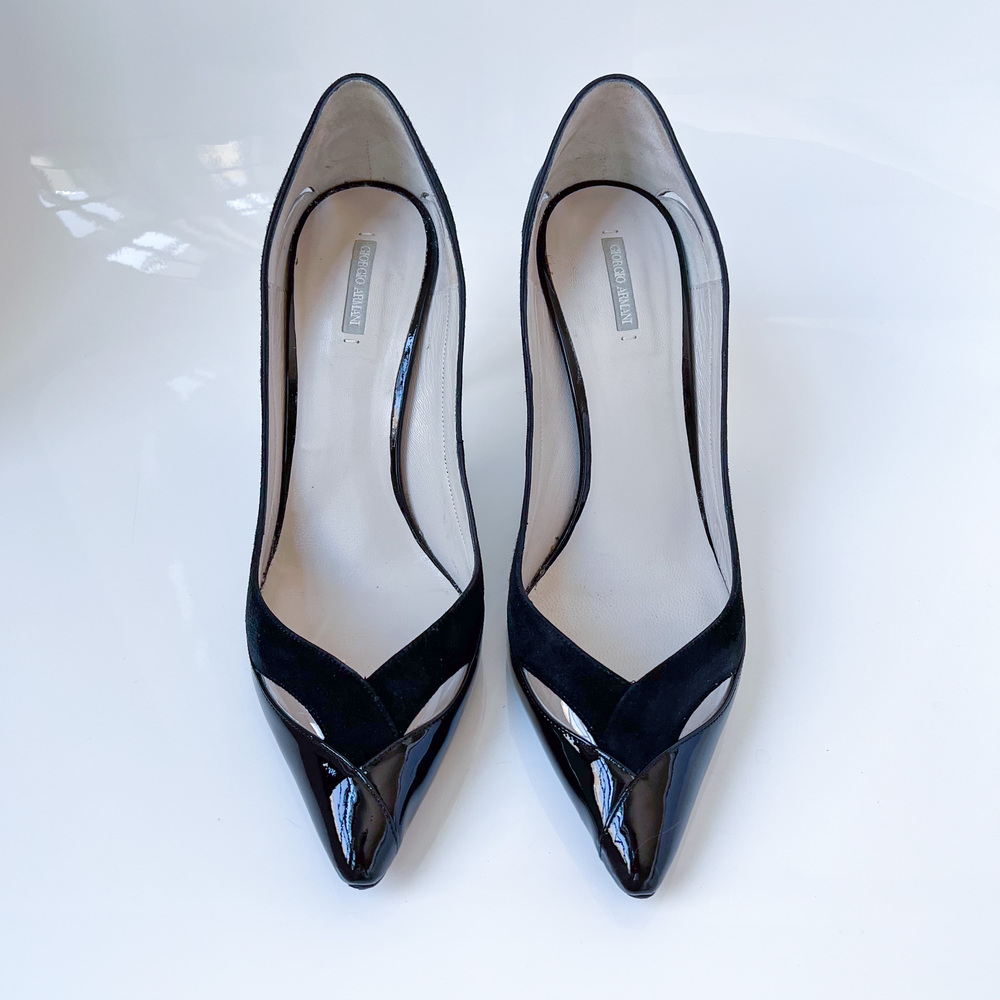 Giorgio Armani Black Patent Leather Suede Pump Heels Size 9.5 EU 39M X1E533 - Picture 5 of 12